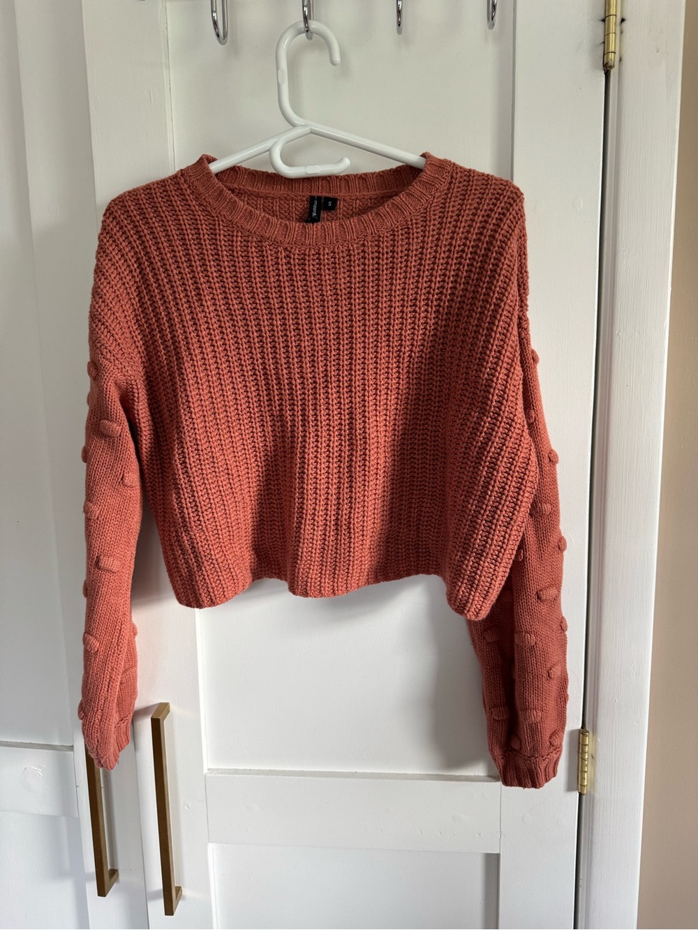 moon & madison Cropped Pom-Detail Crew Sweater in Rusty Coral